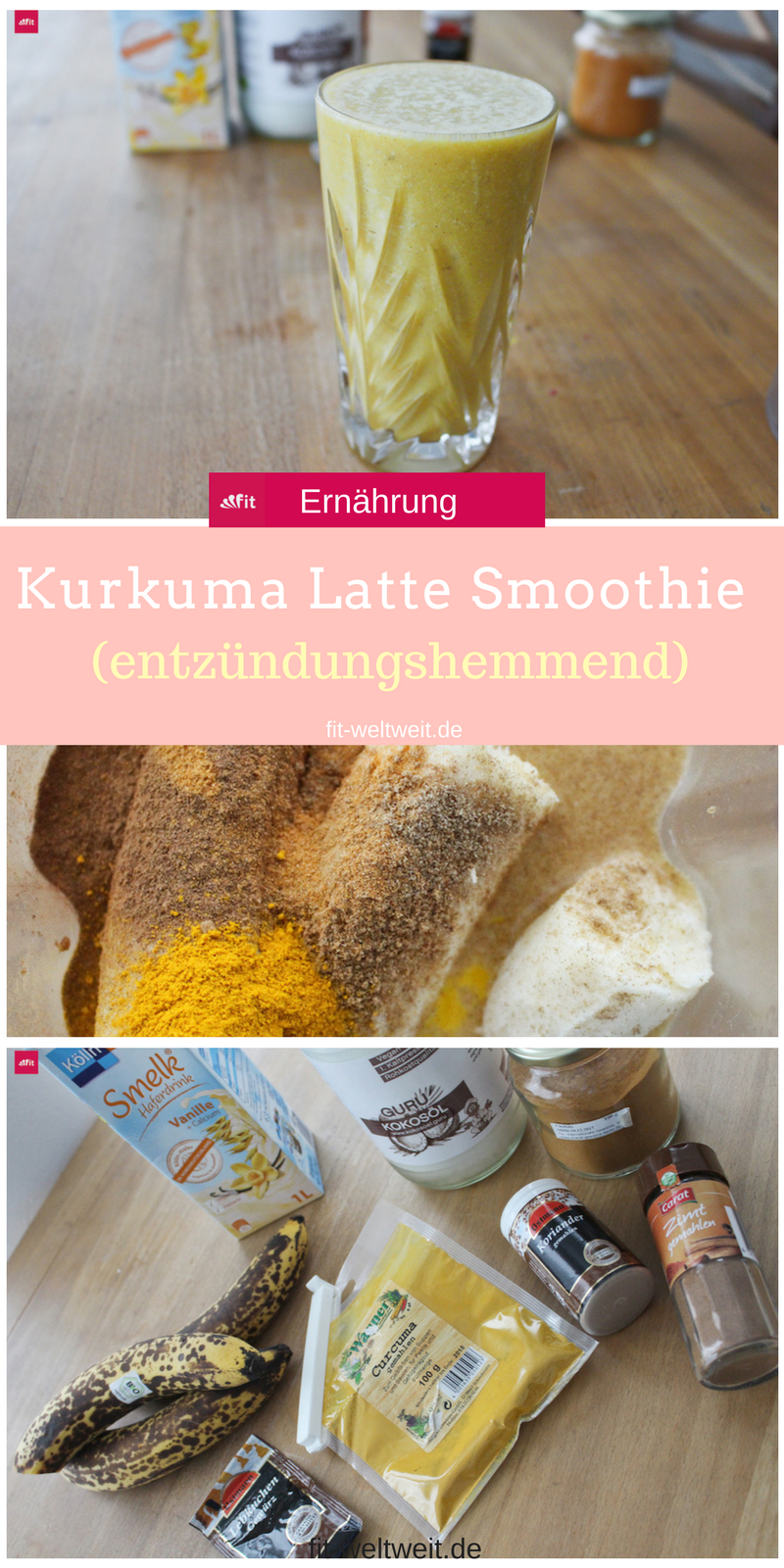 Kurkuma Latte Smoothie - EXTREM gesund - Wahnsinns Wirkung: entzündungshemmend (anti-inflammatory), Antioxidantien, Immunsystem, Entgiftung des Körpers, gegen Depressionen, ... Vegan: Vanille Milch, Bananen, Lebkcuhengewürz, Kurkuma, Zimt, Koriander, Zimt, Kokosöl, Chili