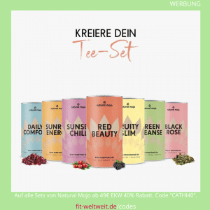 Natural Mojo Happy Tea Set Erfahrung (Werbung) mit den Tee Sorten Sunrise Energy, Sunset Chill, Daily Comfort, Fruity Slim, Green Cleanse und dem Red Beauty. Frisch und lecker wird es nun auch bei den Jungs von Natural Mojo im Shop mit Red Blossom, Fruity Slim und Green Tea. 40 % Rabatt auf alle Natural Mojo Sets mit dem Rabattcode "CATHI40"