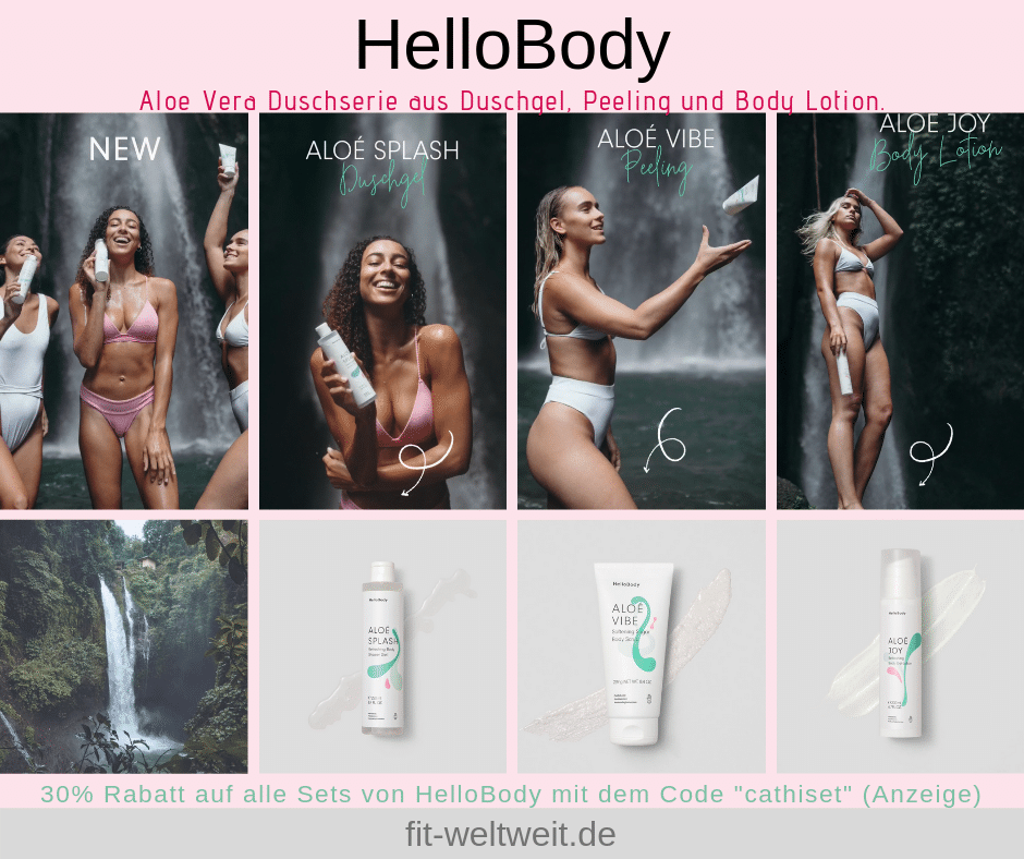 Hello Body Erfahrungen mit der Aloe Vera Duschserie aus Duschgel Aloé Splash, Peeling Aloé Vibe und Body Lotion Aloé Joy #hellobody #hautpflege #duschen #baden 30% Rabatt auf alle Sets mit "cathiset" (Werbung)