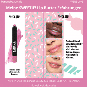 Die Farbe Sweetie! hat einen ganz leichten Schimmer und Glitzerpartikel und das rosa wirkt schimmernd und lässt die Lippen voluminöser erscheinen. Perfekt für etwas Glamour und wenn du es feminin magst, wird er dir sehr gefallen. Ich trage eigentlich selten rosa, aber diese Lip Butter gefällt mir richtig gut.