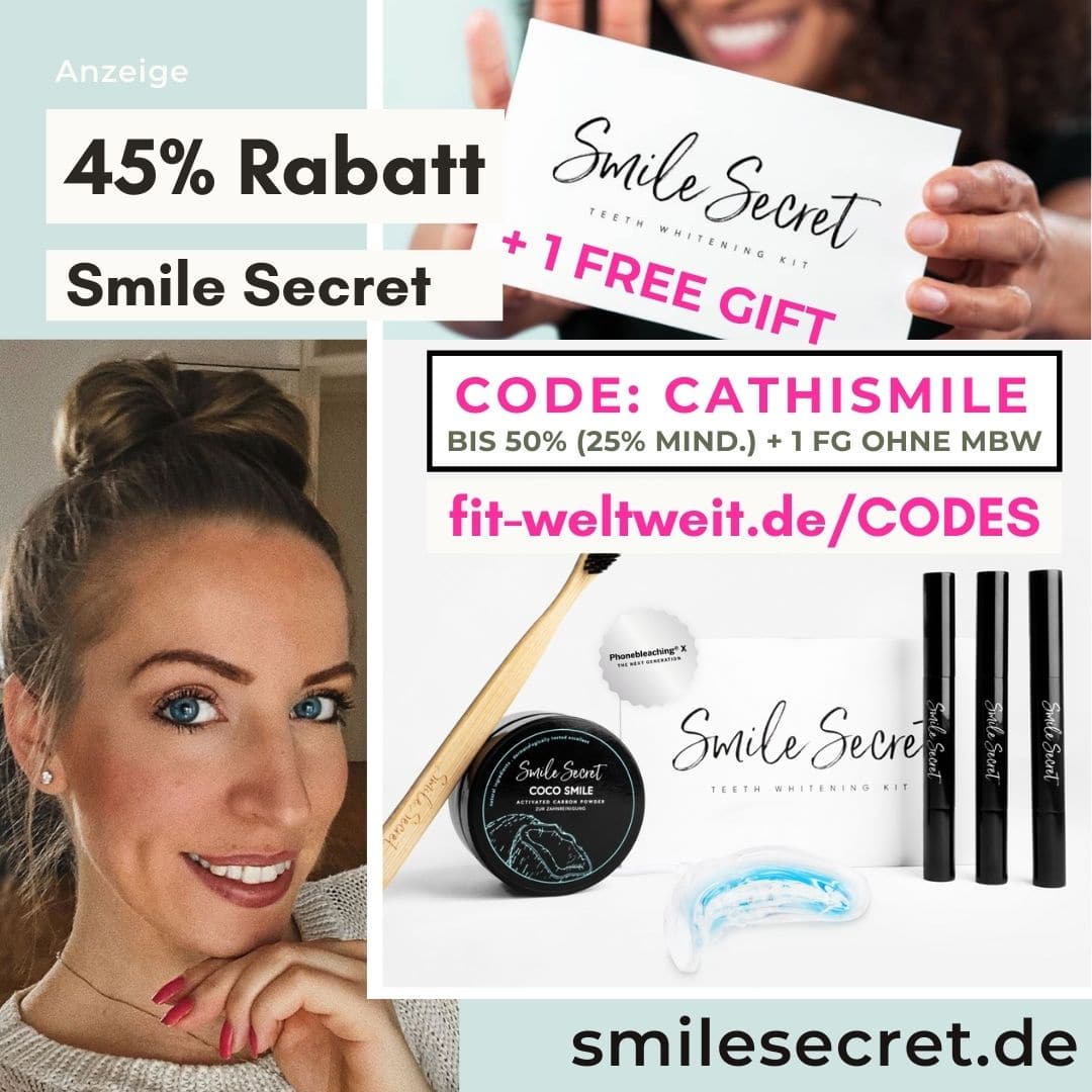 Smile Secret Instagram Rabatt Gutschein Code 2021: 45% Rabatt + gratis Zahnpasta auf deine Bestellung bei Smile Secret ohne Mindestbestellwert mit dem Gutscheincode CATHISMILE.