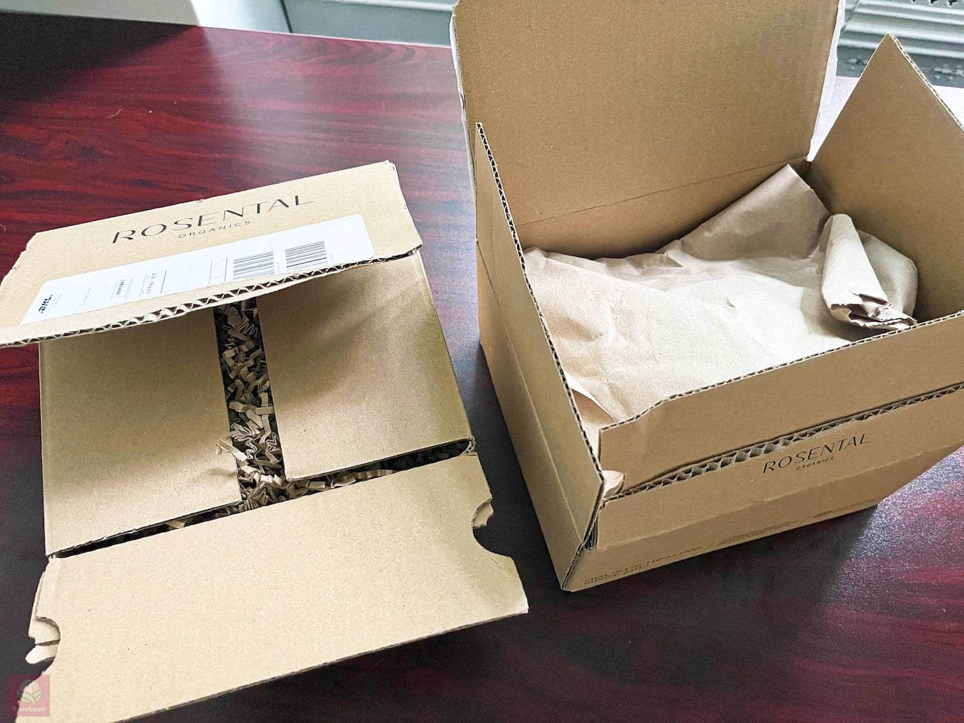 Verpackung der Rosental Organics Produkte ohne Kleber Platik oder Klebeband Verpackung der Rosental Organics Produkte ohne Kleber Platik oder Klebeband