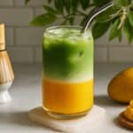 Mango-Matcha-Latte Rezept. Creamy Summer Smoothie Mousse mit Coconut