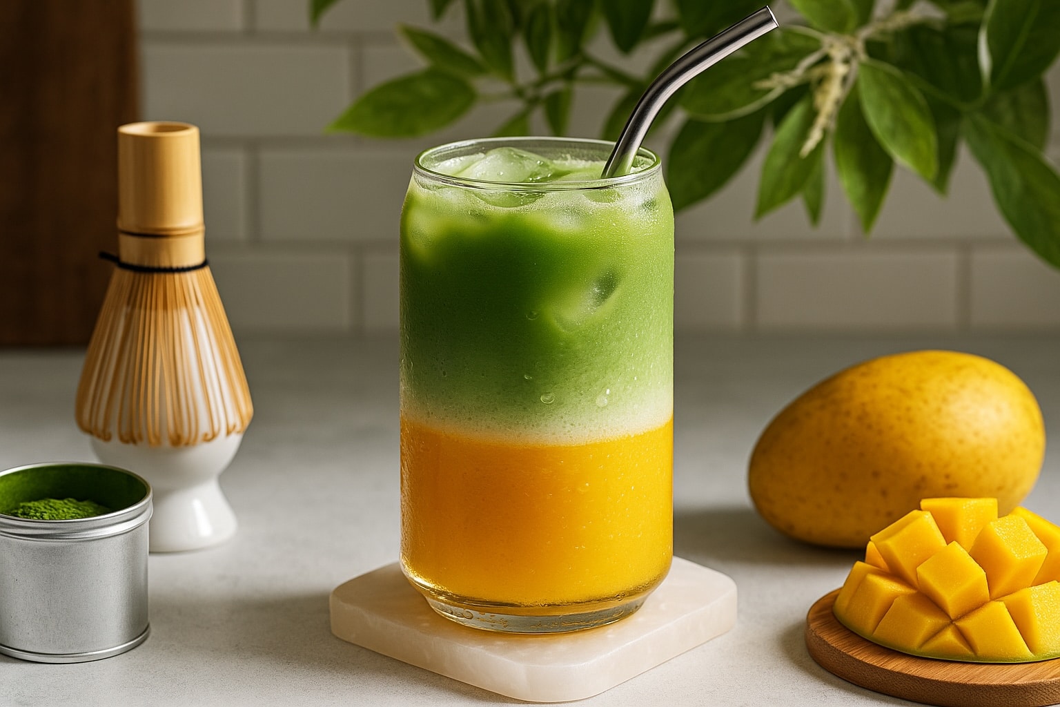 Mango-Matcha-Latte Rezept. Creamy Summer Smoothie Mousse mit Coconut