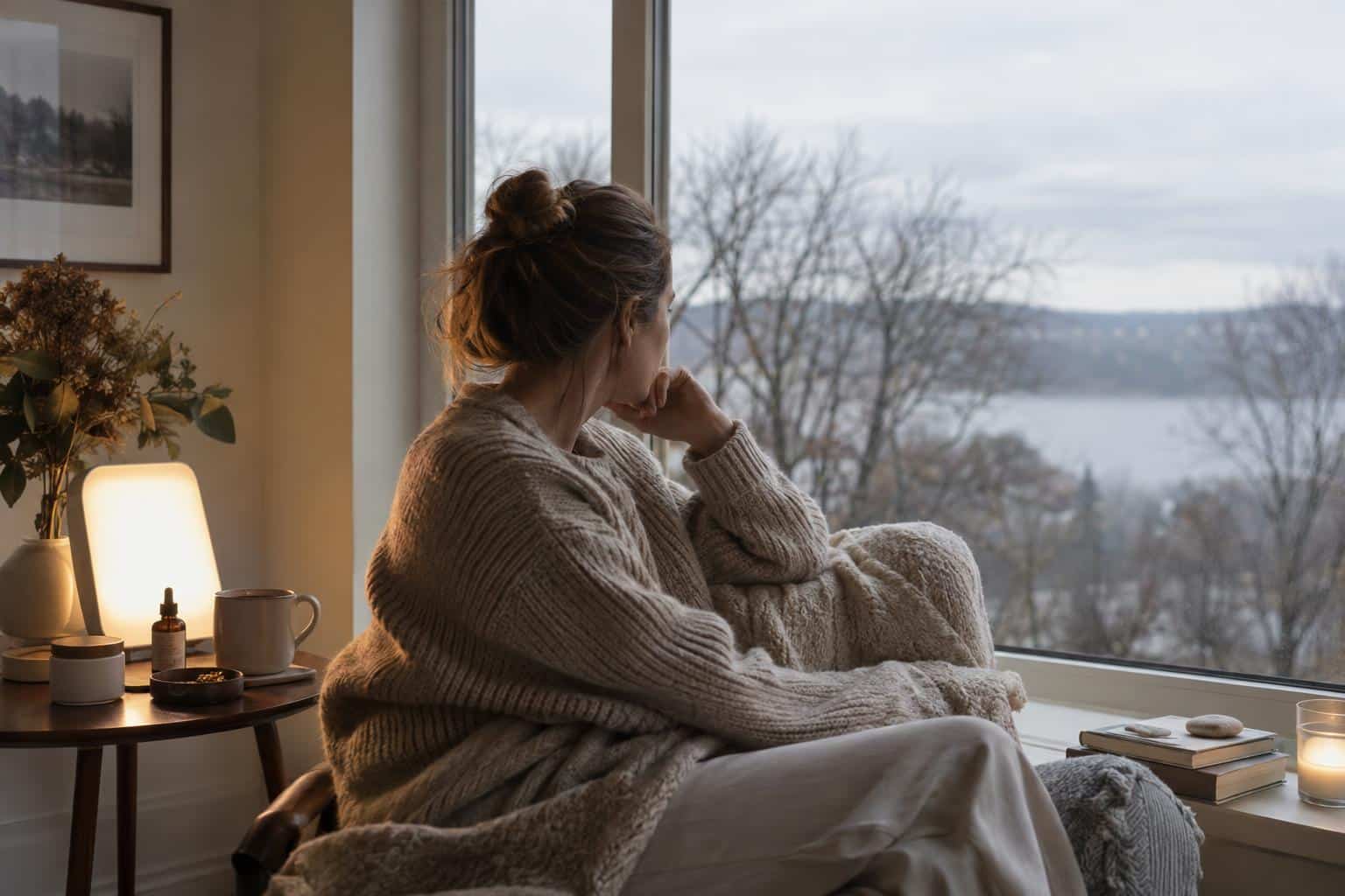 Hormonelles Ungleichgewicht November: Frau mit selbstpflege-ritual bei weniger Tageslicht, lichttherapie und entspannung