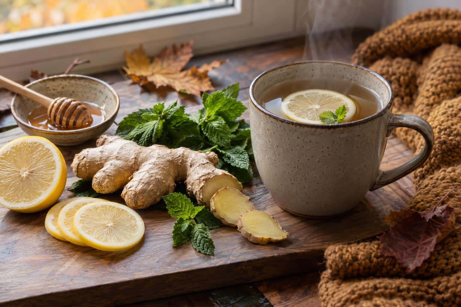 Immunsystem stärken November mit frischem Ingwer, Zitrone, Minze und Honig-Tee als natürliche Präventionsmittel