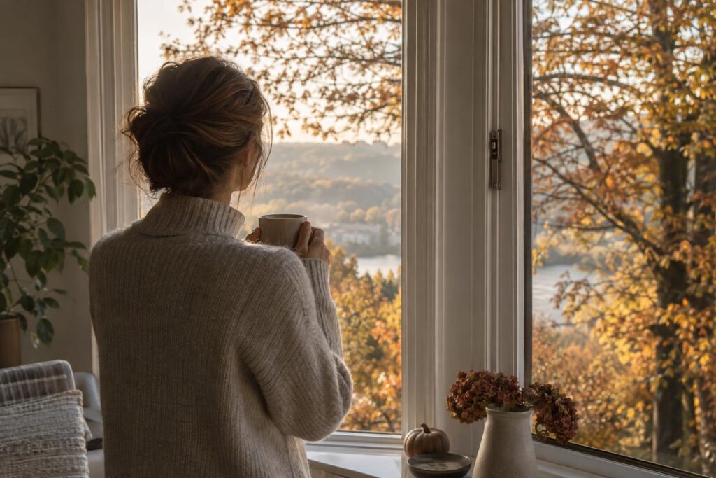 Frau mit warmem Getränk am Fenster im November, Sonne fällt auf sie, zur Stärkung des Immunsystems stärken November