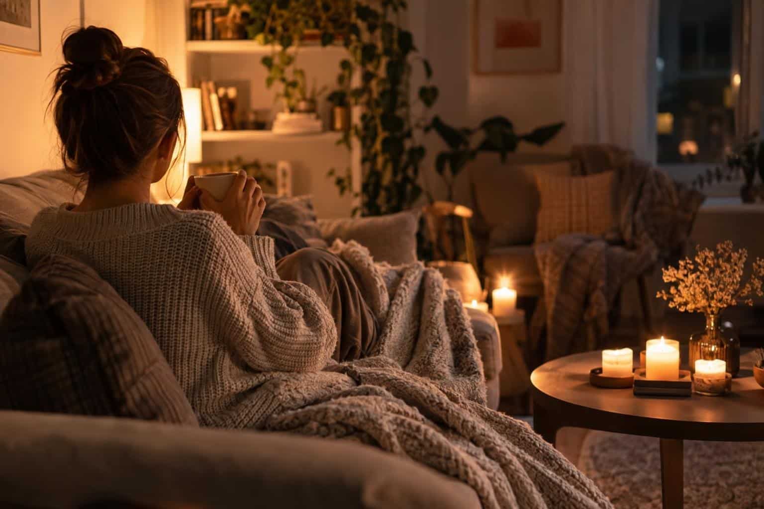 Singles Day Selbstliebe Ritual: Frau zelebriert sich selbst in gemütlicher Atmosphäre mit Kerzen und Wärme